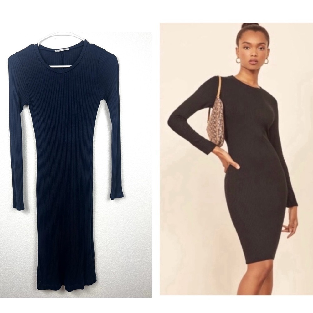 Reformation Long-Sleeve Ribbed Midi Dress in Black/Navy
